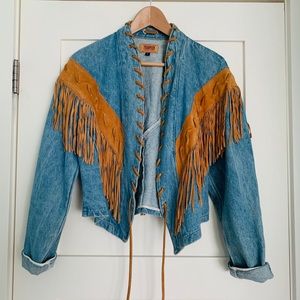 VINTAGE leather fringe jean jacket